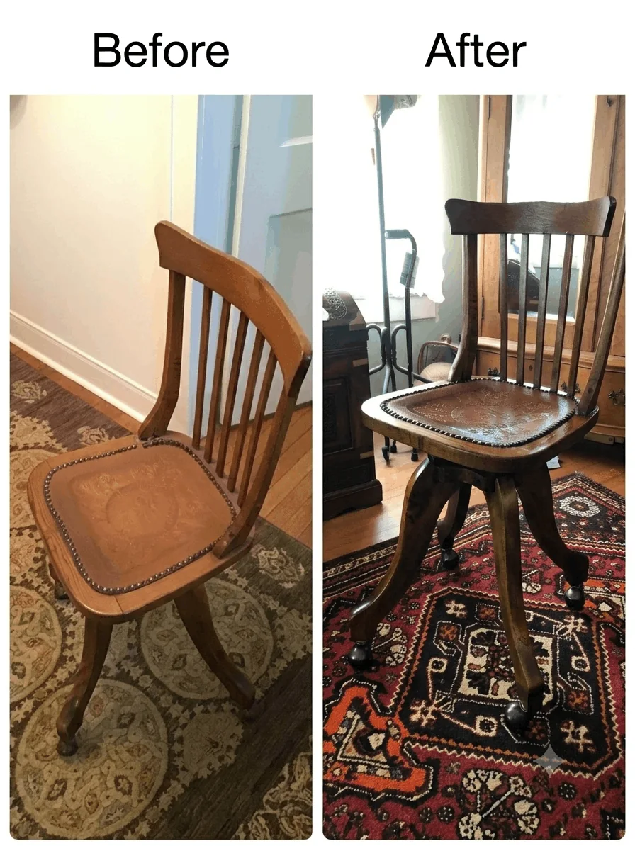 Before-and-after comparison of an antique stamped-leather parlor chair restored in fulfillment of a husband's promise.