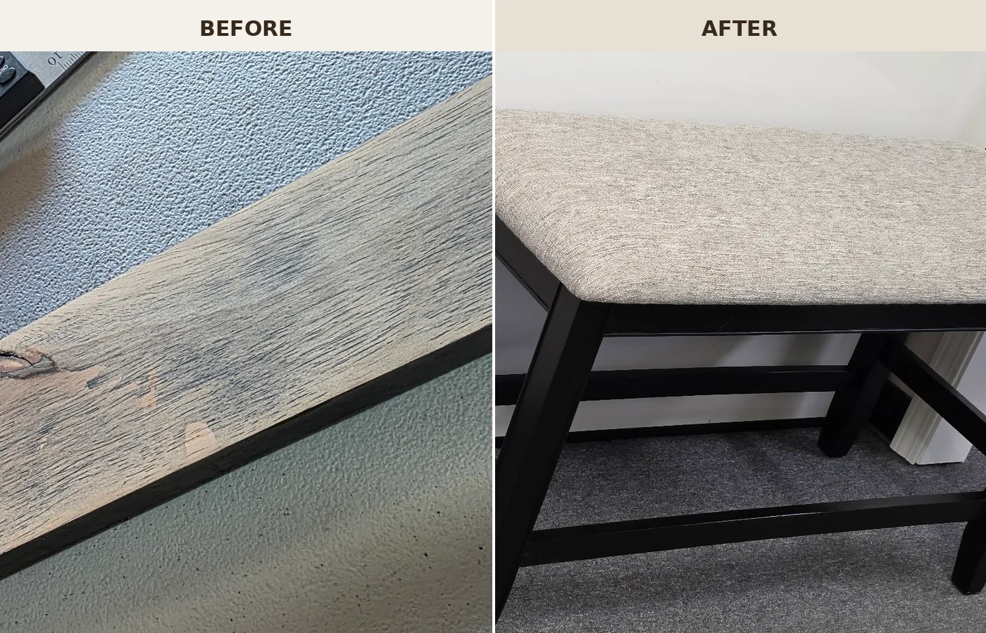 Before-and-after comparison of the snapped bench support and the fully restored upholstered bench.