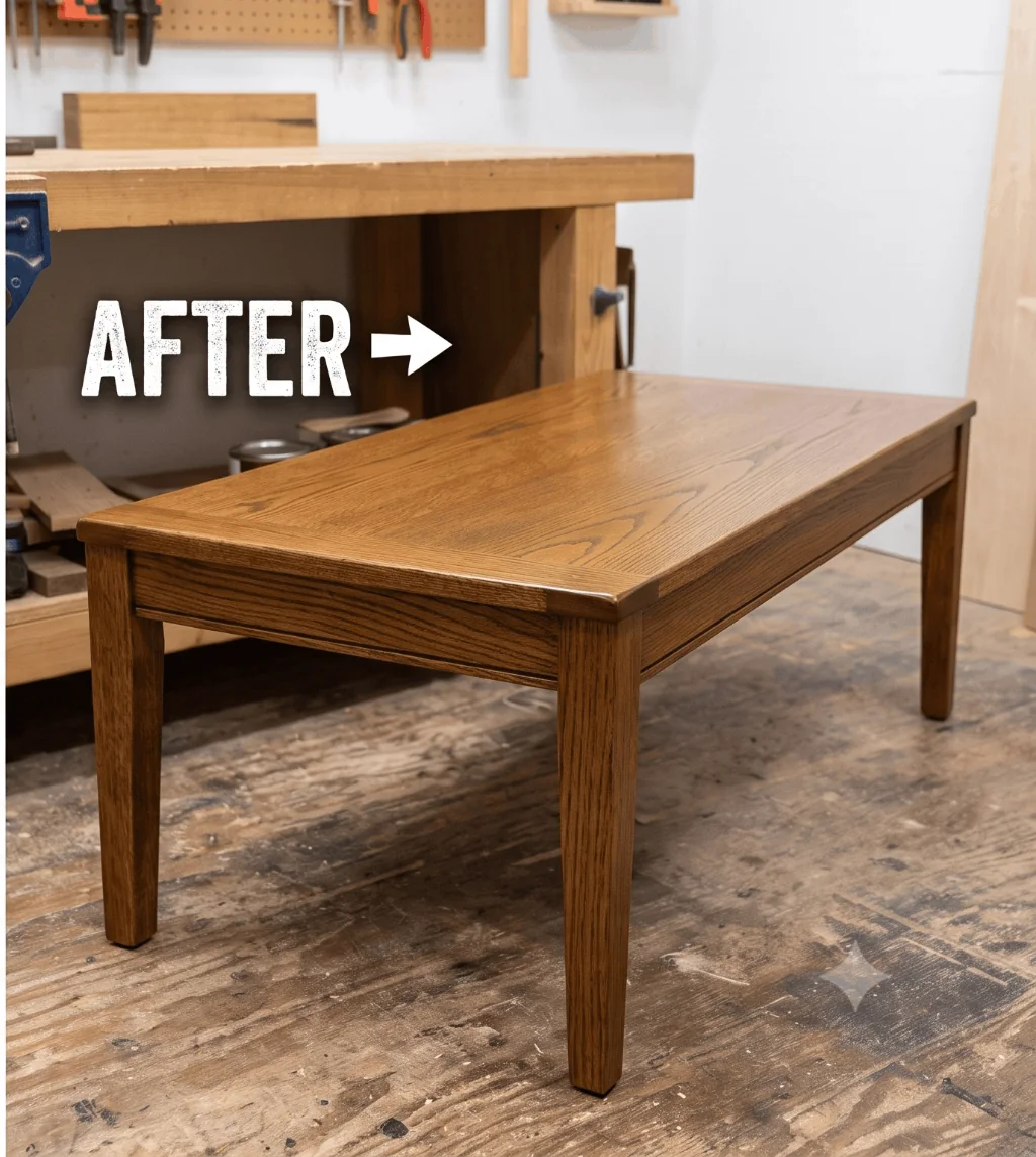 Restored wooden coffee table after full leg reconstruction, corner-skirting rebuild, and complete refinishing.
