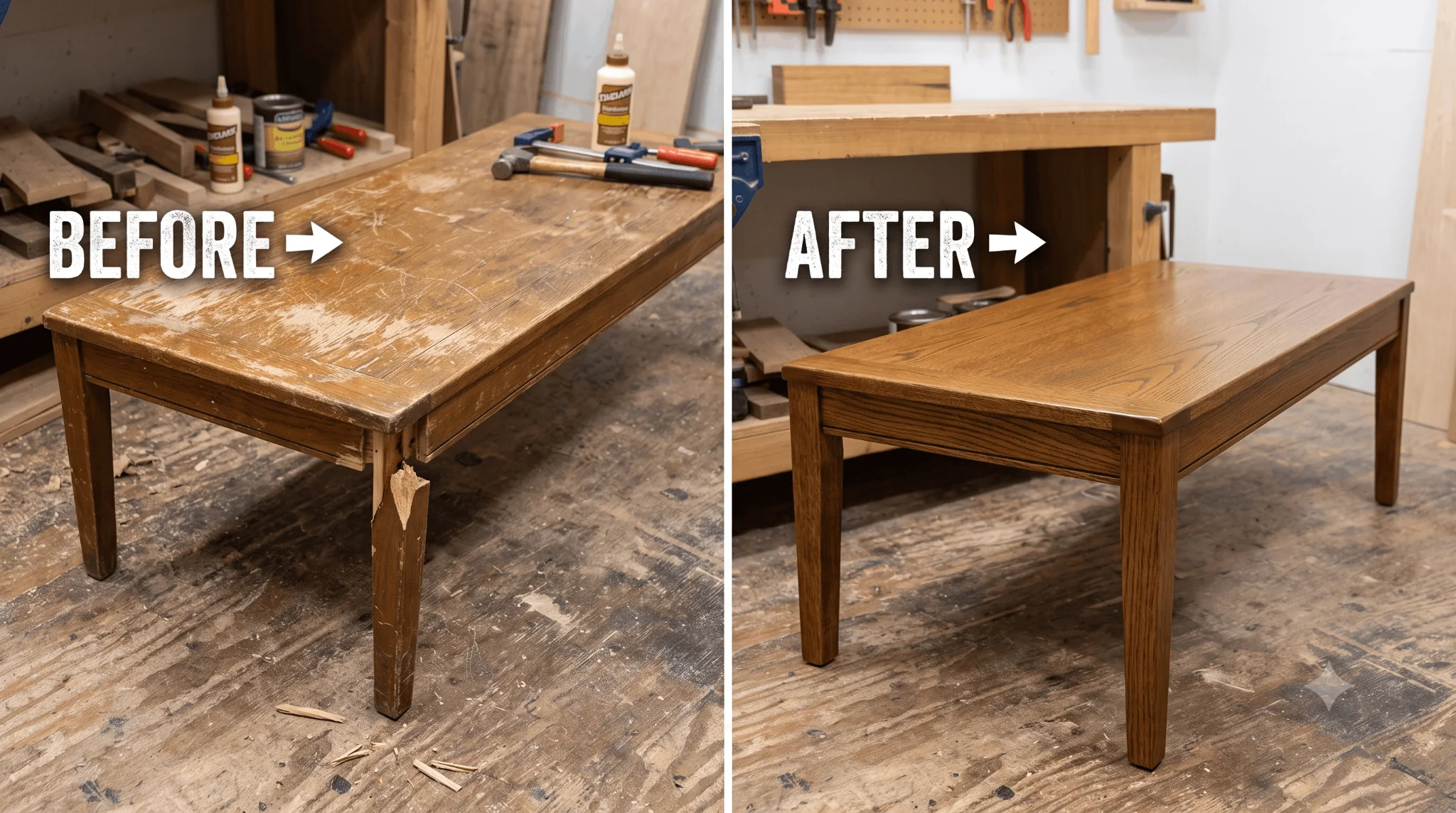 Before-and-after comparison of a damaged coffee table restored after impact damage and full refinishing.