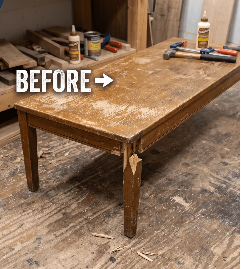 Aged wooden coffee table before restoration with a broken leg and damaged corner skirting.