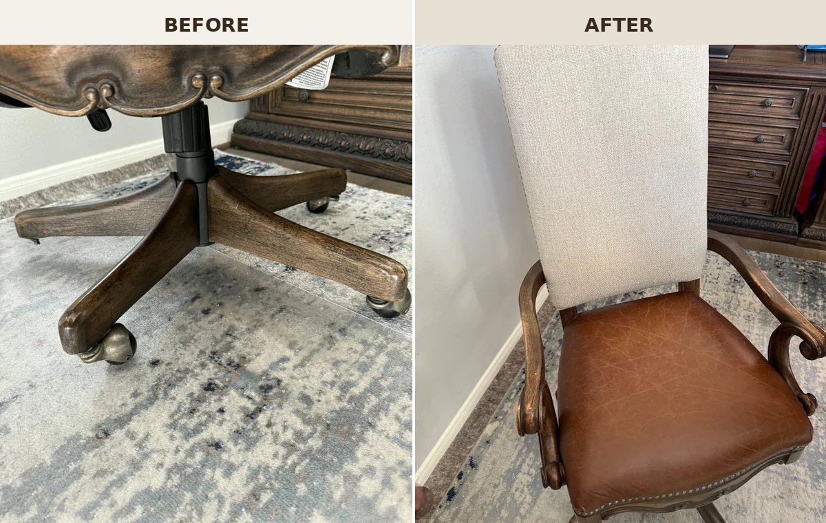 Before-and-after comparison of a home-office chair repaired with five custom-milled replacement casters.