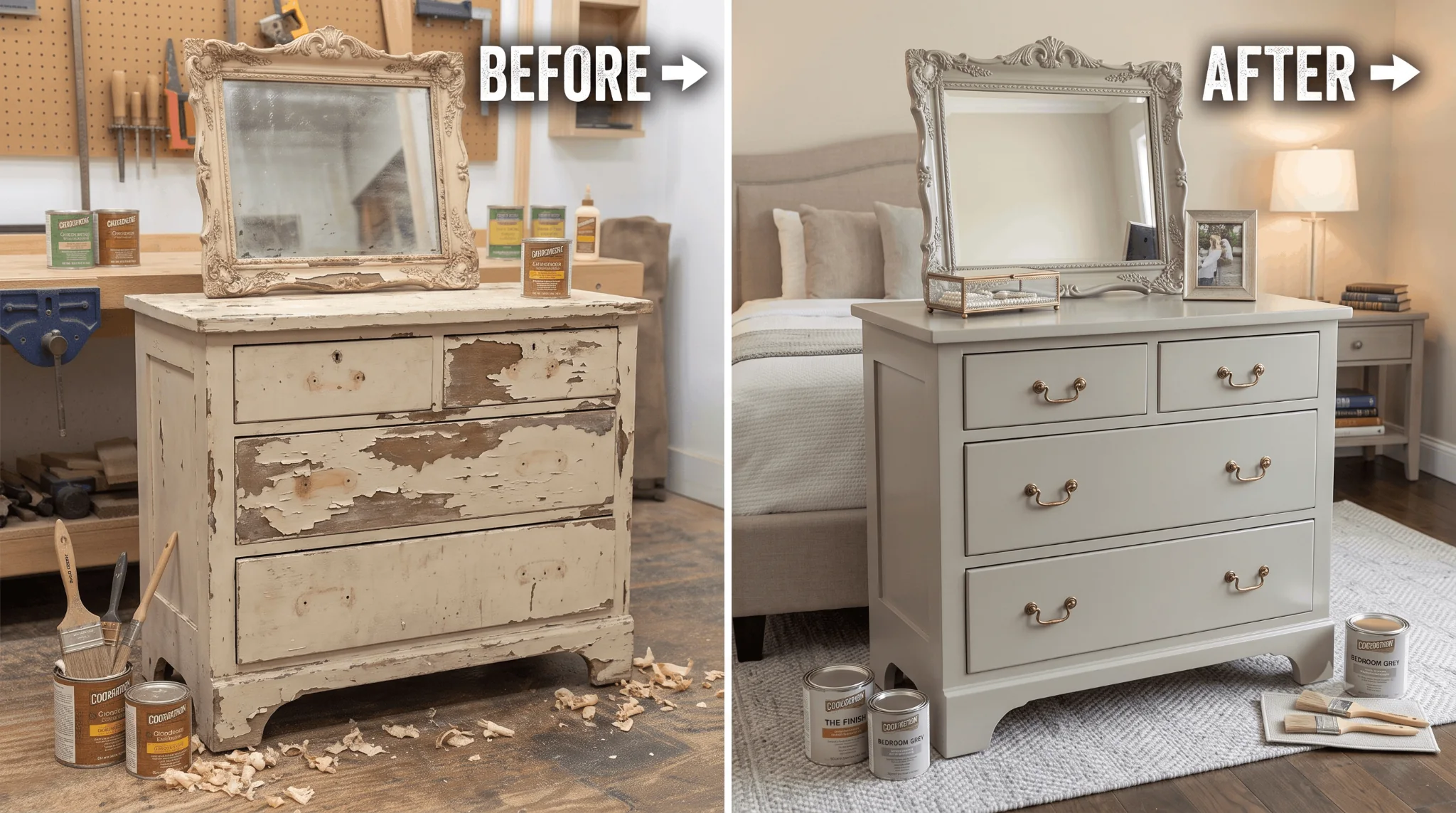 Before-and-after comparison of a worn dresser and mirror transformed with a new finish and rebuilt drawers.