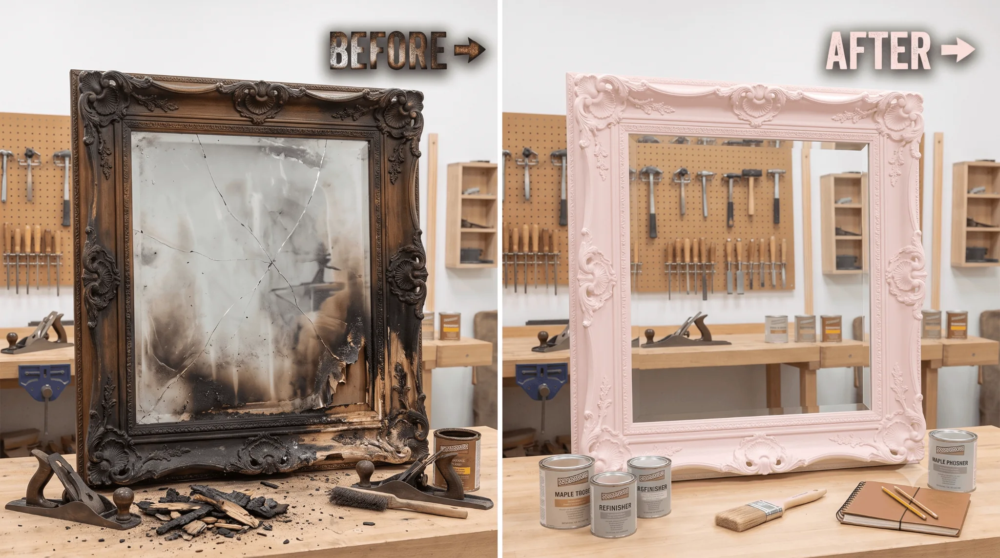 Before-and-after comparison of a severely fire-damaged antique mirror and its completed restoration.
