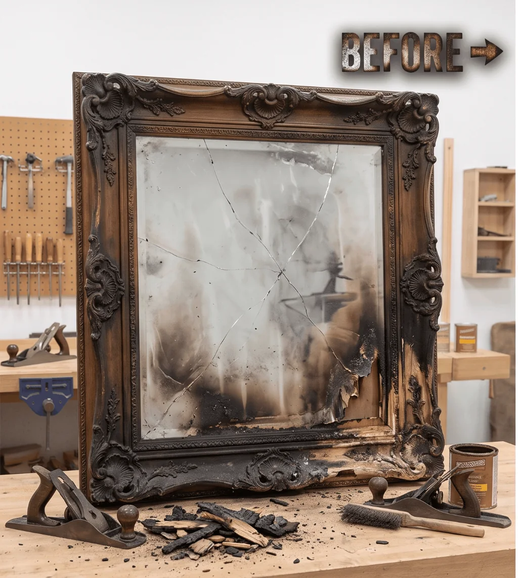 Fire-damaged ornate antique mirror with cracked and heat-deformed glass and burned decorative frame.