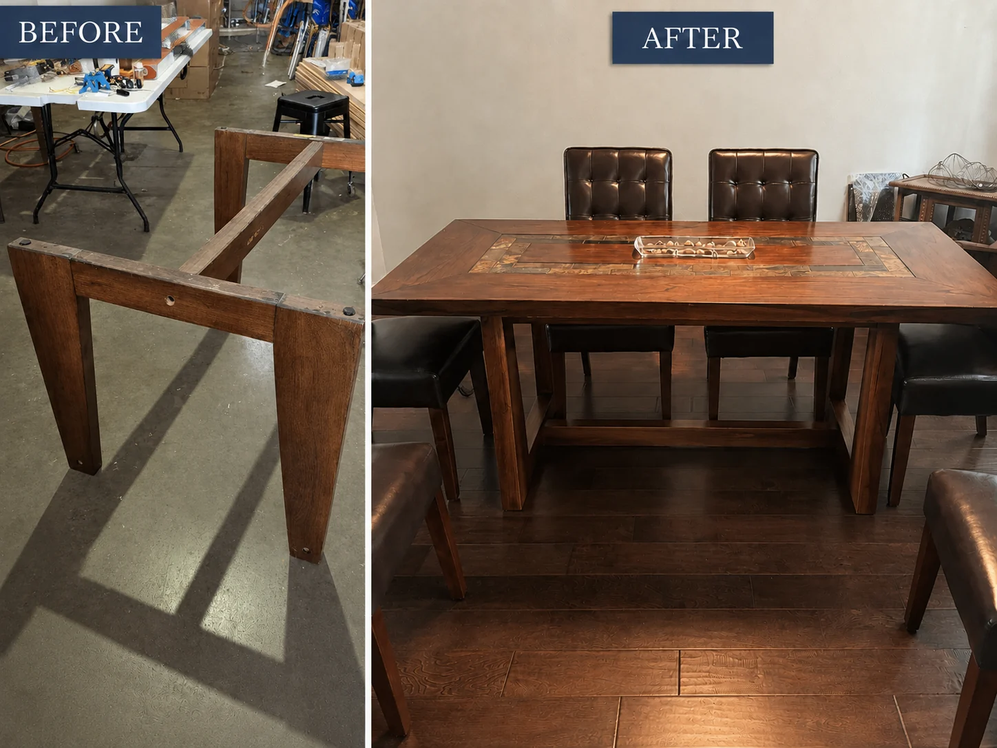 Before-and-after comparison of a move-damaged dining-table base and the fully restored family table.