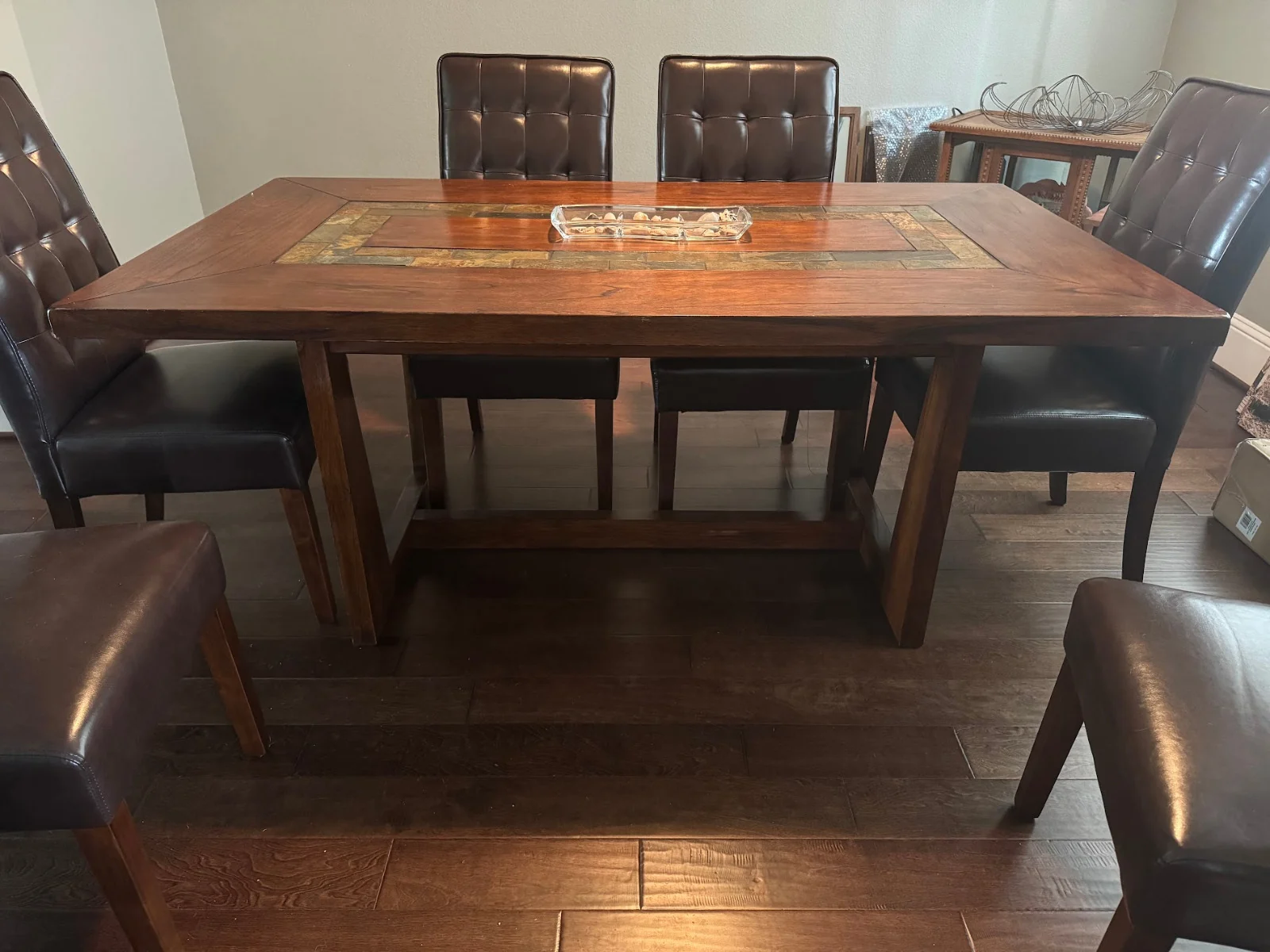 Restored family dining table after its move-damaged base was structurally rebuilt stronger than the original.
