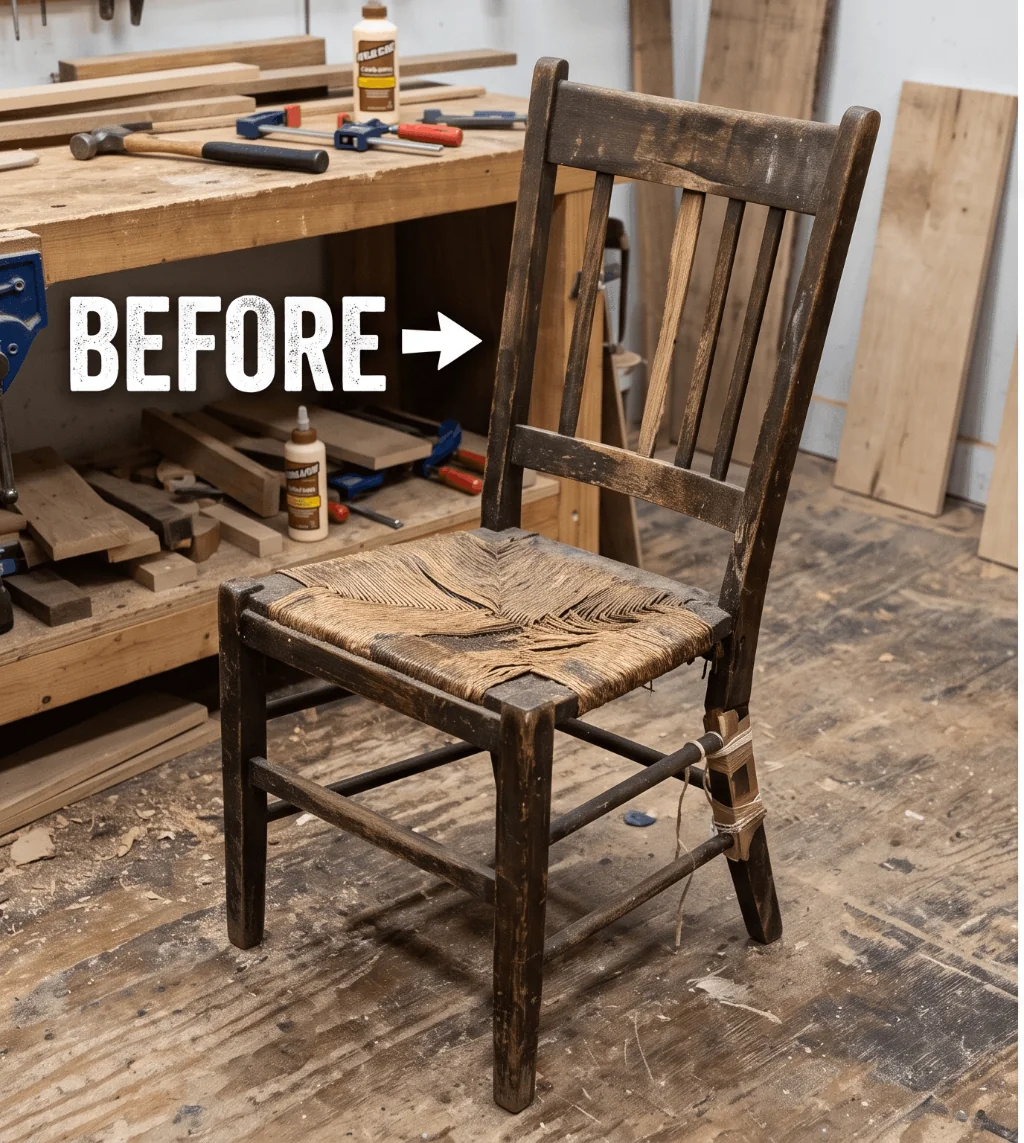 Worn woven-seat dining chair before structural repair, refinishing, and seat reweaving.